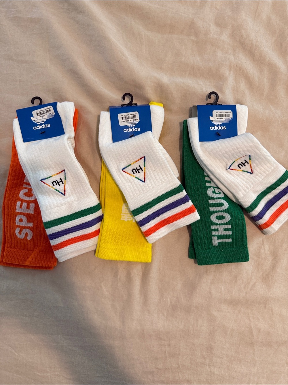 adidas White Crew Socks with Green, Purple & Orange Stripe Accents - Pack of 3